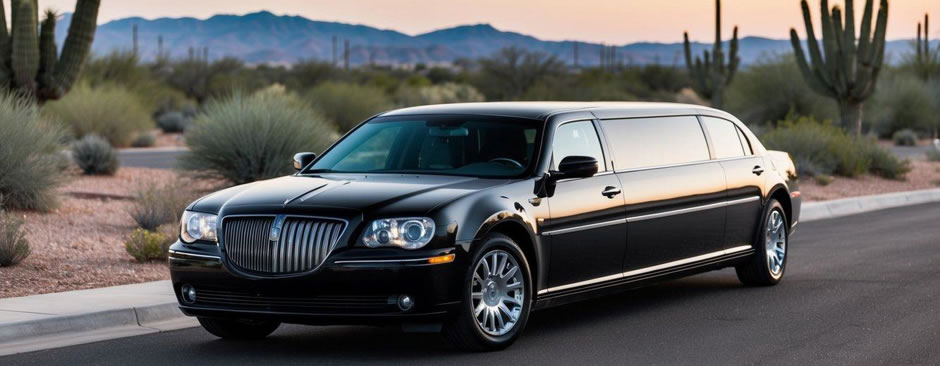 A sleek black limousine parked in front of a luxury resort in Fountain Hills, Arizona, with the desert landscape in the background