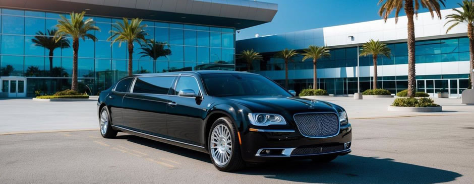 A sleek black limousine waits outside a modern airport terminal, surrounded by palm trees and a clear blue sky
