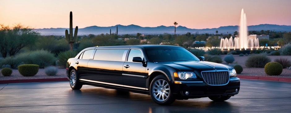 A sleek black limousine parked in front of a luxury hotel with the Fountain Hills, Arizona landscape in the background