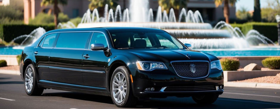 A sleek black limousine pulls up to a luxury hotel in Fountain Hills, Arizona, with the iconic fountain in the background